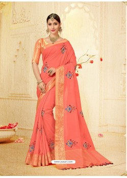 Dark Peach Silk Thread Worked Designer Saree