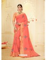 Dark Peach Silk Thread Worked Designer Saree