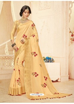 Light Beige Silk Thread Worked Designer Saree