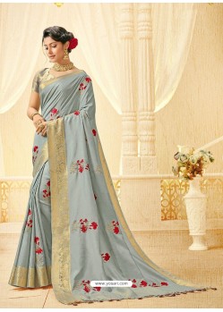 Grey Silk Thread Worked Designer Saree