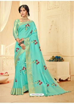 Pretty Sky Blue Silk Thread Worked Designer Saree