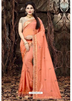 Orange Linen Organza Embroidered Saree