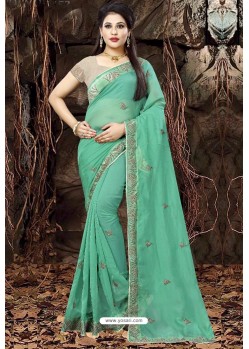 Aqua Mint Linen Organza Embroidered Saree