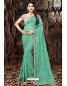 Aqua Mint Linen Organza Embroidered Saree