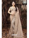 Taupe Linen Organza Embroidered Saree