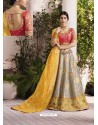 Grey And Yellow Raw Silk Stone Hand Worked Designer Lehenga Choli