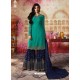 Aqua Mint And Navy Satin Georgette Embroidered Designer Sarara Suit