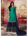 Aqua Mint And Navy Satin Georgette Embroidered Designer Sarara Suit