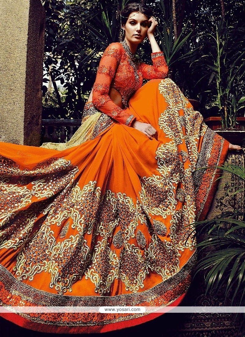Mustard And Orange Net And Bamber Georgette Saree