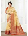 Decent Cream Dola Silk Jacquard Worked Designer Saree