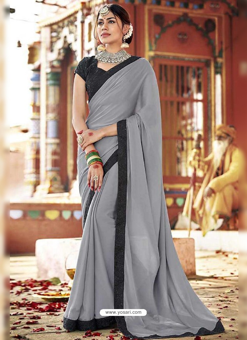 Grey Fancy Lace Worked Saree