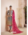 Grey Georgette Satin Heavy Embroidered Straight Suit