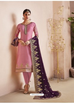 Pink Georgette Satin Heavy Embroidered Straight Suit