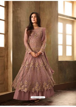 Old Rose Net Embroidered Designer Floor Length Suit