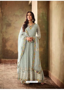 Aqua Grey Georgette Embroidered Designer Floor Length Suit