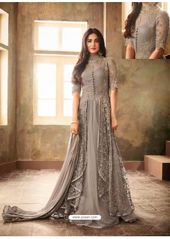 Dull Grey Net Embroidered Designer Floor Length Suit