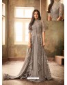 Dull Grey Net Embroidered Designer Floor Length Suit