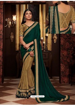 Dark Green And Beige Fancy Embroidery Work Party Wear Saree