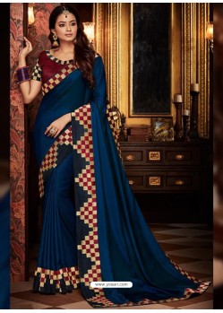 Peacock Blue Fancy Embroidery Work Party Wear Saree