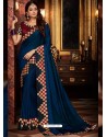 Peacock Blue Fancy Embroidery Work Party Wear Saree