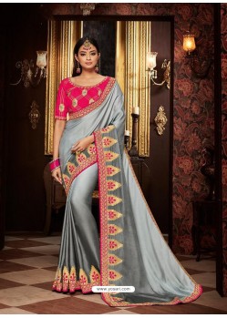 Grey Fancy Embroidery Work Party Wear Saree