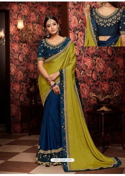 Green And Blue Fancy Embroidery Work Party Wear Saree