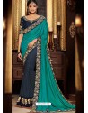 Teal And Navy Fancy Embroidery Work Party Wear Saree