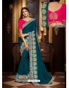 Teal Blue Fancy Embroidery Work Party Wear Saree