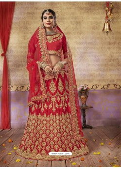 Glorious Red Silk Satin Embroidered Lehenga Choli