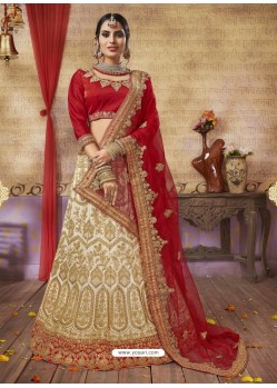 Cream Silk Satin Embroidered Lehenga Choli