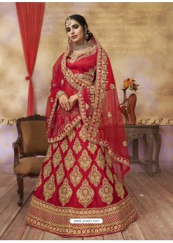 Stunning Red Silk Satin Embroidered Lehenga Choli