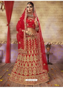 Incredible Red Silk Satin Embroidered Lehenga Choli