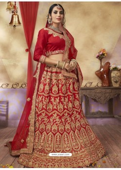 Adorable Red Silk Satin Embroidered Lehenga Choli