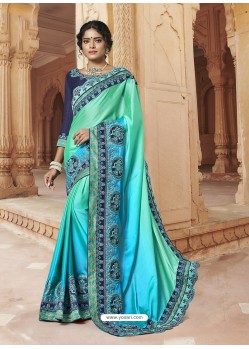 Sea Green And Sky Georgette Embroidered Designer Saree