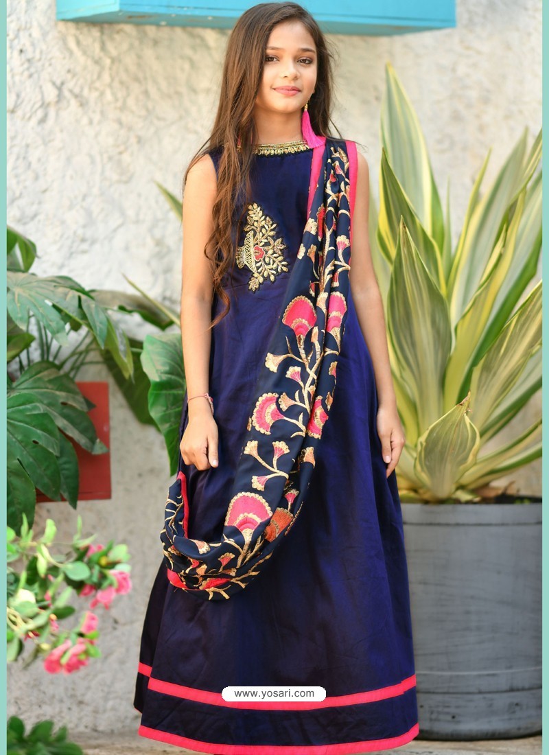 Buy Navy Blue Silk Hand Worked Designer Gown | Gown For Girls