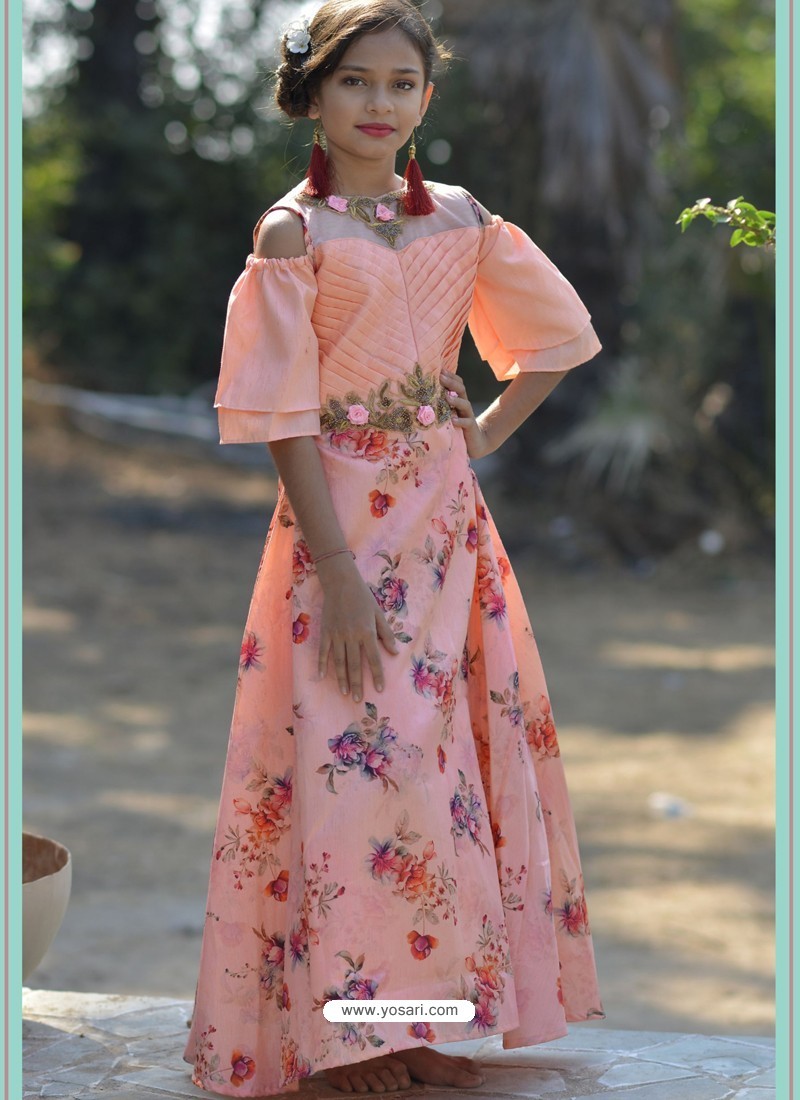 Buy Peach Silk Hand Worked Designer Gown | Gown For Girls