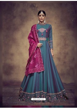 Teal Blue Heavy Tapeta Silk Embroidered Anarkali Suit