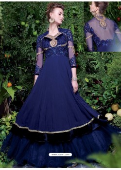 Navy Blue Georgette Net And Velvet Embroidered Designer Gown