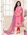 Light Pink Chanderi Cotton Printed Churidar Suit