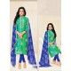 Mint And Blue Chanderi Cotton Printed Churidar Suit