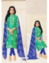 Mint And Blue Chanderi Cotton Printed Churidar Suit