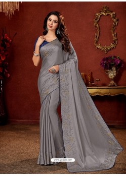 Grey Crepe Silk Stone Embroidered Party Wear Saree