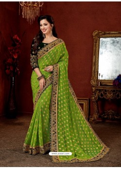 Green Broket Silk Stone Embroidered Party Wear Saree
