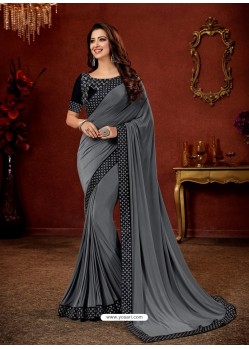 Dull Grey Crepe Silk Stone Embroidered Party Wear Saree