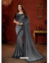 Dull Grey Crepe Silk Stone Embroidered Party Wear Saree