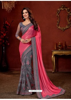 Fuchsia And Grey Shimmer Net Stone Embroidered Party Wear Saree