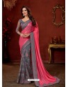 Fuchsia And Grey Shimmer Net Stone Embroidered Party Wear Saree