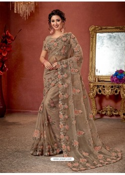 Light Brown Soft Net Stone Embroidered Party Wear Saree