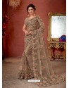 Light Brown Soft Net Stone Embroidered Party Wear Saree