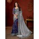 Silver And Blue Shimmer Net Stone Embroidered Party Wear Saree